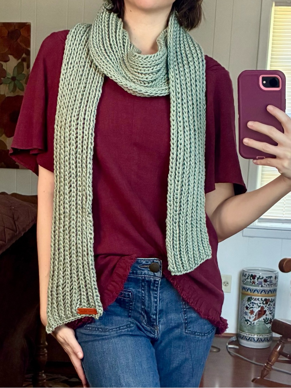 Hand Brioche Knit Sage Green Scarf~ warm, soft and textured